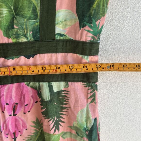 Farm Rio FLAWED Palm Jumpsuit Women’s M Pink Green Floral Wide Leg Deep V - Picture 13 of 14